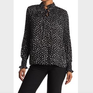 Max Studio Blouse Polka Dot Tie Neck Pleated Long Sleeve Blouse
